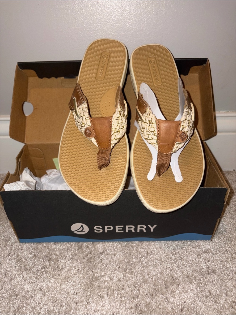 Sperry Tan and Cream Braided Thong Sandals